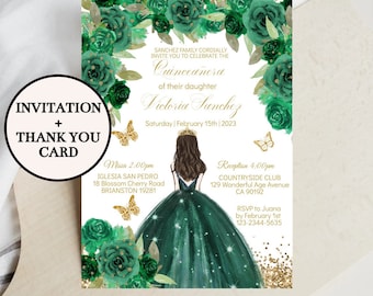 May include: A green and gold Quinceanera invitation featuring a floral design and an illustration of a girl in a green dress. The text reads "Sanchez Family Cordially Invite You To Celebrate The Quinceanera of their daughter Victoria Sanchez Saturday | February 15th | 2023".