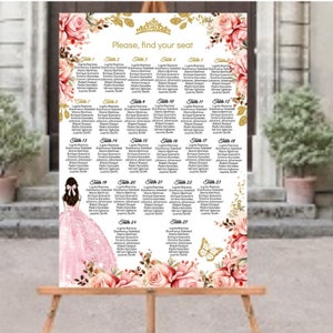 DIY EDITABLE Tabla de asientos Quinceañera, Mis XV Quince Table Plan Princesa Rosa Oro Floral, Encuentra tu asiento Signo Imprimible Descarga Instantánea