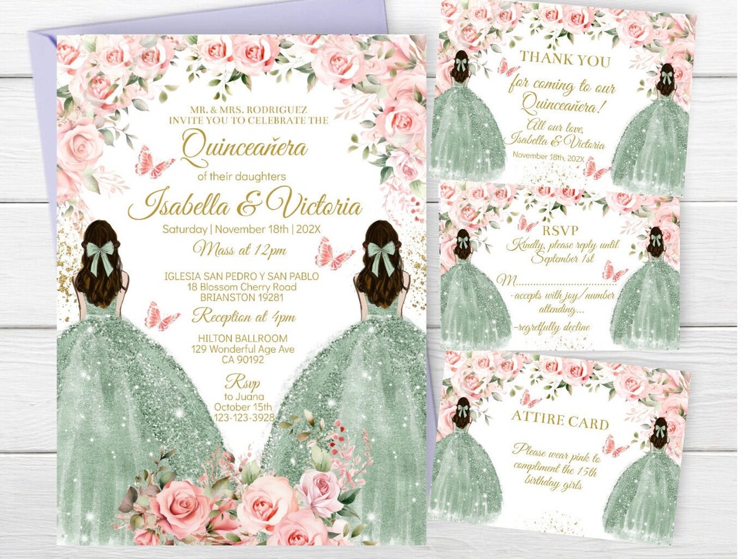 Twins Quinceañera Invitation, Pink Sage Green Floral, Princess 15th
