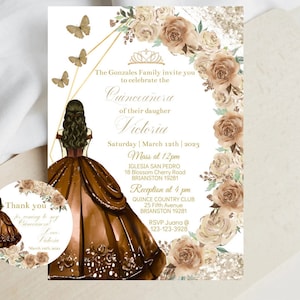 Convite de 15 Anos DIY, Princesa Floral Bege Marrom, Convite Digital de Aniversário para 15 Anos, Modelo Editável de Cartão para Festa de 16 e 15 Anos, Baixar
