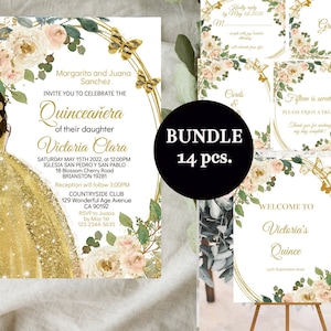 Bundle Quinceañera Invitation, Mis Quince Años , Sweet 16 Princess Butterfly Gold Blush Pink Floral, DIY Editable Template, Digital Download