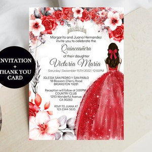 Quinceañera Invitation Red Floral Princess, XV Spanish Party Editable Template Mis Quince Anos,  Sweet Sixteen 16, Digital Invite, Download
