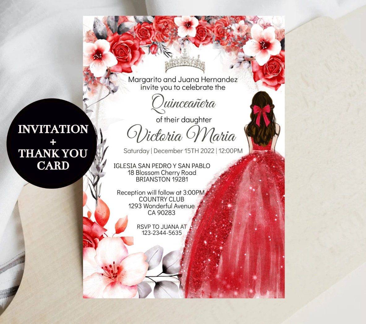 Avior Quinceanera Invitation Red Charro Dress Clear Glass Invitation, Mis Quince, Sweet 15, Sweet 16, Floral Design, Spanish Design