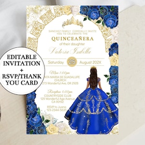 Convite Charro Quinceañera Azul Royal Floral Ouro, Coroa, Mis XV, Modelo Editável, Cartão Digital de 15 Aniversário, Sweet Sixteen 16, Baixar