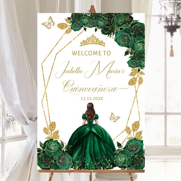 Editable Quinceañera Welcome Sign, Emerald Green Gold Floral, Princess Tiara, Butterfly, XV Guest Poster, DIY Template Printable, Download