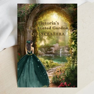 Faire-part Quinceañera forêt enchantée, robe vert émeraude or, modèle modifiable DIY, jardin magique, coing doux Mis XV, carte numérique 16