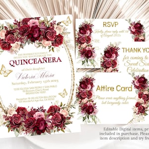 Invito a quinceañera, fiori rosa bordeaux, modello modificabile fai-da-te, mele cotogne Mis XV, invito con 15 farfalle, biglietto Sweet 16 in oro rosso, download