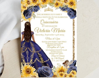 Invitación rústica de quinceañera (plantilla editable DIY), girasol,  vestido azul, Charro Mis Quince XV, invitación digital campestre para  dulces 16,