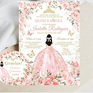 Modello modificabile invito Quinceañera, floreale oro rosa cipria, corona, farfalla, Mis XV Quince Años, dolce 16, tag favore, scheda digitale