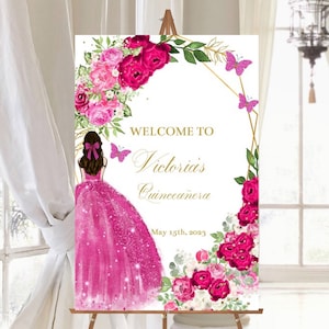 Signo de bienvenida de Quinceañera, Plantilla editable de bricolaje, Fucsia Rosa Floral, Póster invitado Mis XV, Princesa 15th Sweet 16 Descarga instantánea imprimible