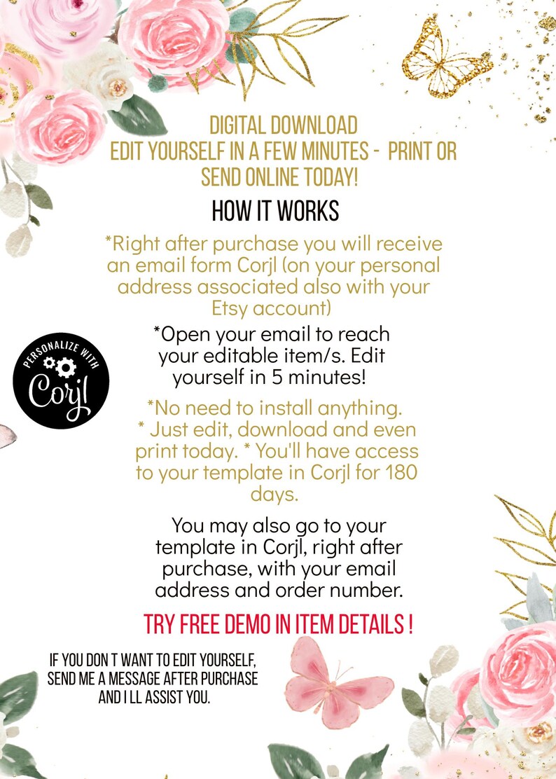 May include: Digital download instructions for an editable template. The text explains how to edit and print the template using Corjl. The image features a floral background with butterflies.