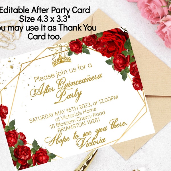 Red Rose Gold DIY Editable Card, After Party or Thank You Note, Quinceañera Tiara Mis XV Quince, 15 girl party, Sweet 16, Instant Download