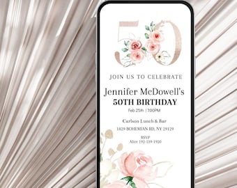 Elegante invito per il 50° compleanno, invito per la festa di compleanno di una donna con rosa rosa, modello modificabile, download di biglietti elettronici tramite SMS sul cellulare