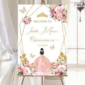 Quinceañera Welcome Sign, Princess Blush Pink Gold Floral, Tiara, Butterfly Mis XV, Guest Poster, DIY Editable Template Printable, Download