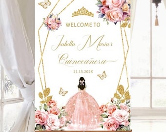 Blush Pink Floral Quinceañera Welcome Sign, Editable Printable Template Digital Download Guest Signage