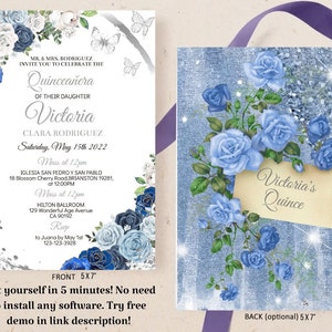 Impostare l'invito Quinceañera, modello modificabile fai da te Invito digitale Rose argento blu Farfalla Mis Quince Años 15 Girl Party Sweet 16 Download