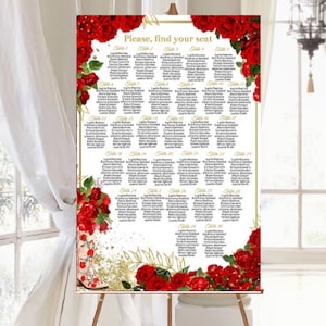 May include: A white wedding seating chart with gold lettering and red roses. The chart is titled "Please, find your seat" and lists the names of guests assigned to each table.
