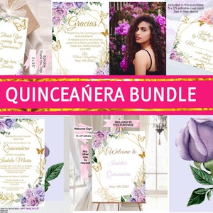 Bundle DIY Editable Quinceañera Invitation, Floral Lilac Purple Gold, Mis Quince XV Invitaciones Digital Template Printable Instant Download