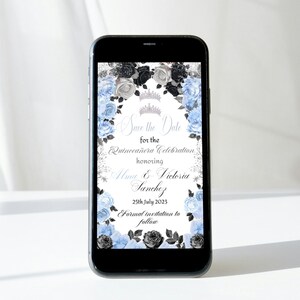 Electronic Save the Date Quinceañera Twins Evite, Sweet 16 15 Editable Template Blue Silver, Text Message Mobile Phone Mis XV Crown Download