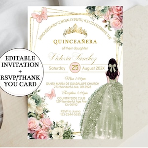 Quinceamaßa Einladung Salbei Grün Rosa Blumen, Tiara Mis XV Quitte, bearbeitbare Vorlage 15 Geburtstag digitale Karte, Schmetterling Sweet 16 Herunterladen