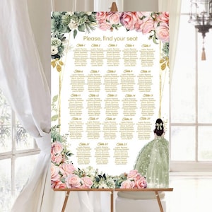 Bewerkbare tafelschikking voor gasten, roze salie groene bloemen, digitale afdrukbare sjabloon, Sweet 16, tafelplattegrond, stoel zoeken, downloaden