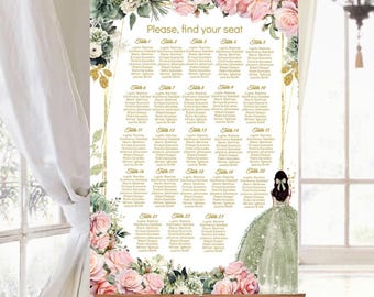 Bewerkbare tafelschikking voor gasten, roze salie groene bloemen, digitale afdrukbare sjabloon, Sweet 16, tafelplattegrond, stoel zoeken, downloaden