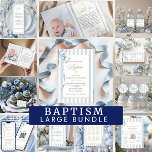 May include: A collection of baptism-themed stationery and decorations in shades of blue and white. Includes invitations, thank you cards, cupcake toppers, and water bottle labels. The text "Baptism Large Bundle" is displayed.