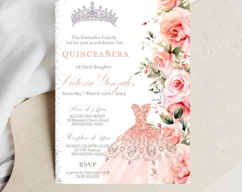 Może przedstawiać: Różowe i białe zaproszenie na Quinceañera z srebrną koroną, kwiatową ramką i różową sukienką z złotymi cekinami. Tekst brzmi "The Gonzales Family invite you to celebrate the Quinceañera of their daughter Victoria Gonzales Saturday | March 12th 2023 Mass at 12pm IGLESIA SAN PEDRO 18 Blossom Cherry Road BRIANSTON 19281 Reception at 4pm QUINCE COUNTRY CLUB 25 Fifth Avenue BRIANSTON 19281 RSVP Juanita by February 1st @ 2938 928 019"