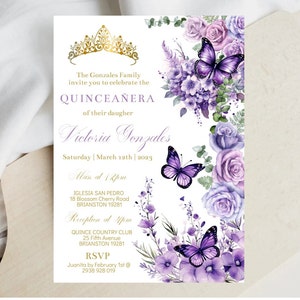 Quinceamaßa Einladung bearbeitbare Vorlage, lila Blumen und Schmetterling, Krone, Mis XV Quitte Años, Sweet 16, 15th Birthday, Digital, Download