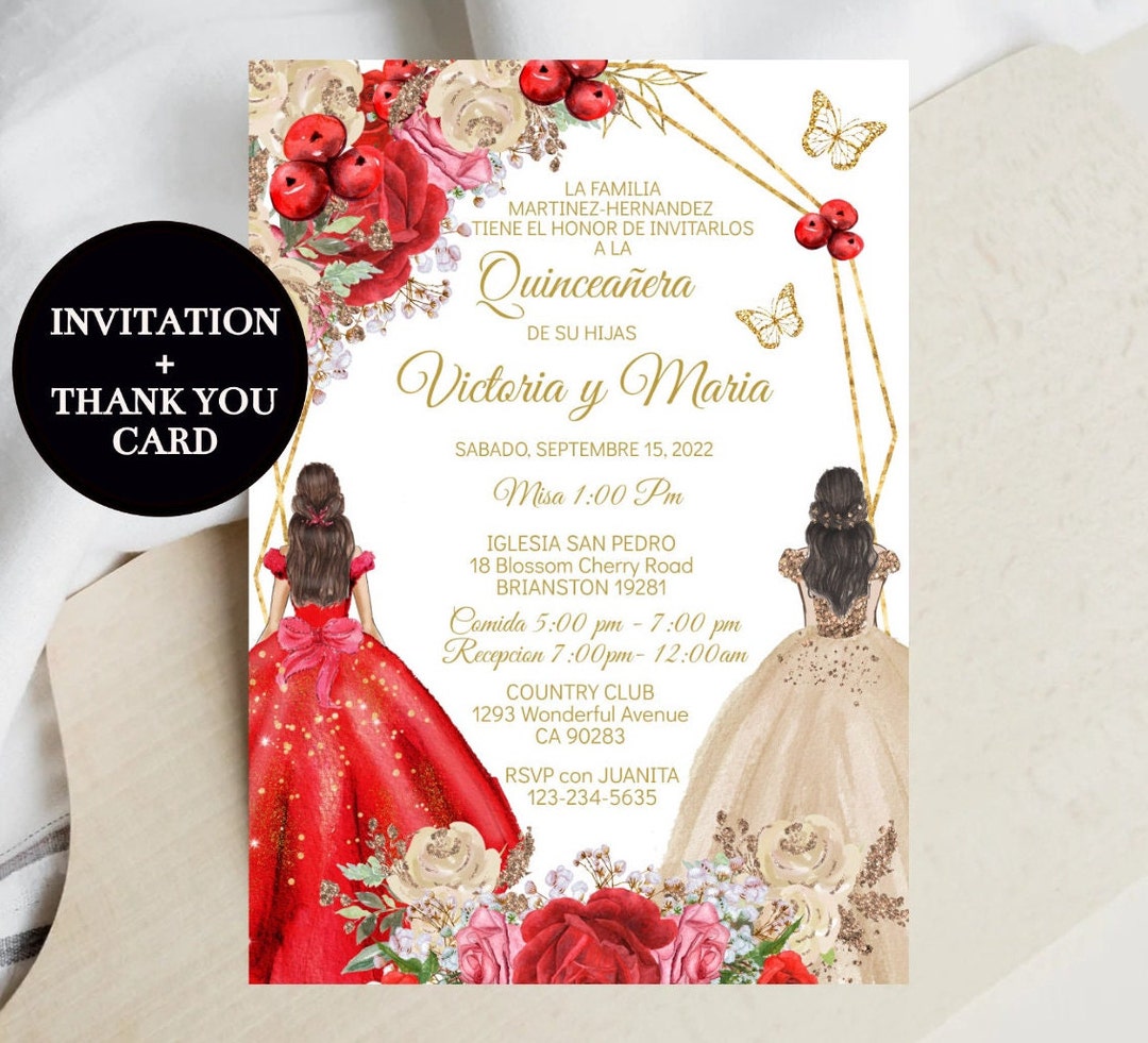 Twins Sisters Quinceañera Invitation, Red Rose Champagne Princess, DIY