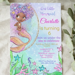 Jolie petite sirène d'anniversaire faire-part + étiquettes cadeaux, faire-part modifiable, fête entre filles, inviter sous la mer modèle DIY en téléchargement numérique