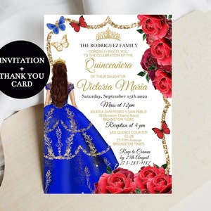 Quinceañera Bewerkbare uitnodiging, Koningsblauwe en rode bloemen Charro Prinses Digitale DIY Sjabloon, Mis XV Kweepeer, Sweet 16 Afdrukbaar, Download