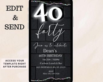 40th Modern Minimal Birthday Party Invitation, Black Forty Digital Invite Men Mobile Text Message