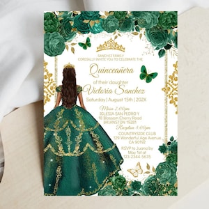May include: A green and gold Quinceañera invitation with a floral design and a silhouette of a young woman in a green dress. The text reads "Quinceañera of their daughter Victoria Sanchez Saturday | August 15th | 202X".
