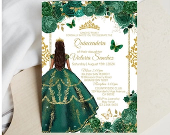 Quinceañera Invitation Editable Template, Emerald Green Gold, Crown Butterfly, Princess Digital Invite Mis XV Quince, Sweet 16, Download