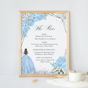 DIY EDITABLE Bar Menu Quinceañera, Table Poster, Sweet Sixteen 16, Baby Blue Silver Floral, Table Sign, Digital Printable, Instant Download