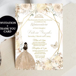 Quinceañera Invitation, Champagne Beige Princess Floral, Birthday Digital Invite, Mis XV Quince, Sweet 16, DIY Editable Template Download