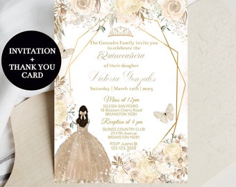 Quinceañera Invitation, Champagne Beige Princess Floral, Birthday Digital Invite, Mis XV Quince, Sweet 16, DIY Editable Template Download