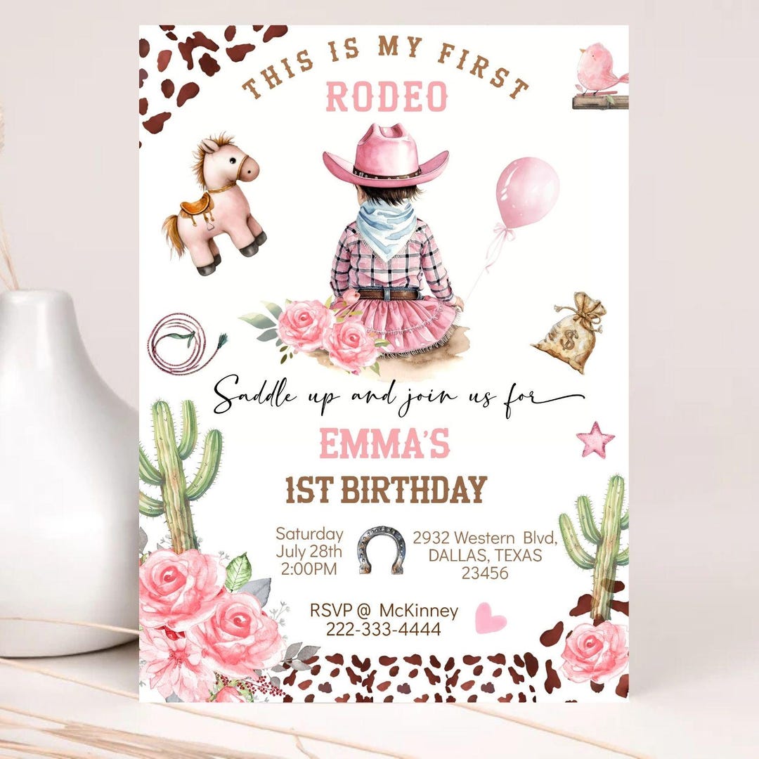 My First Rodeo Birthday Invitation Girl, Editable Template, Little ...