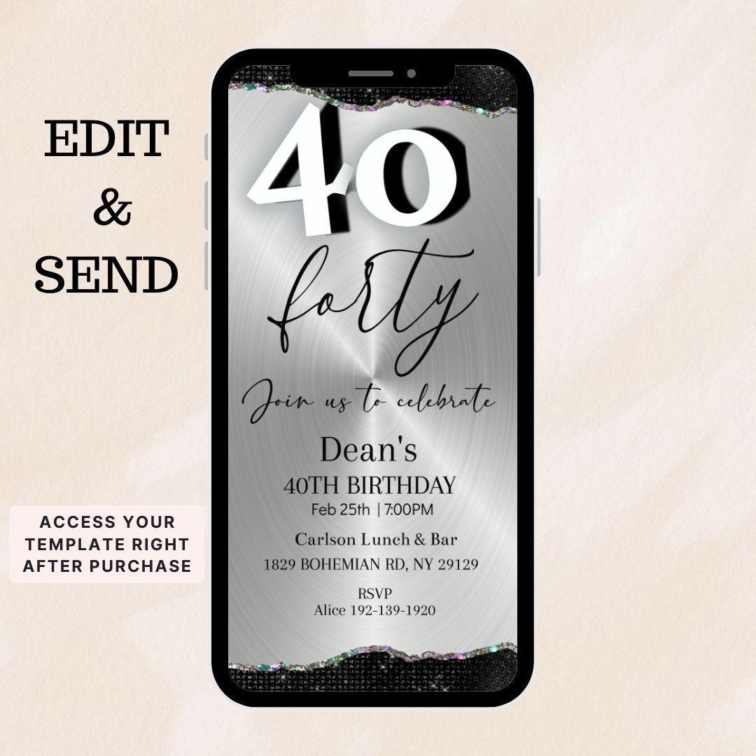 40th Birthday Party Invitation Men, Text Message Invite Mobile, Modern ...