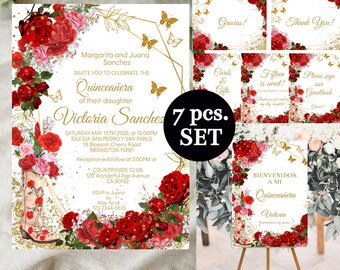 Rotes Blumen Quinceaño Einladungspaket, Charro Boots (Digitale DIY Vorlage)