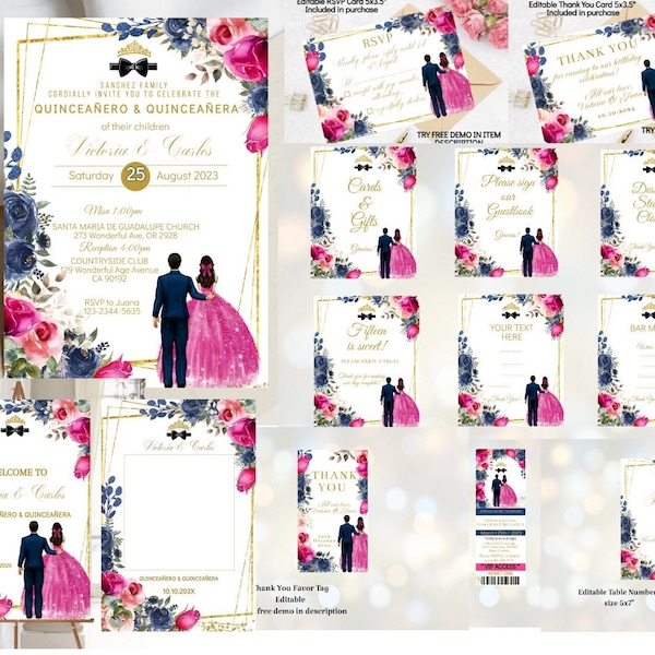 Bundle Twins Quinceañera Invitation Fuchsia Pink Navy Blue Floral Gold Princess XV Boy Girl 15 Birthday, Sweet 16 Digital Editable Template