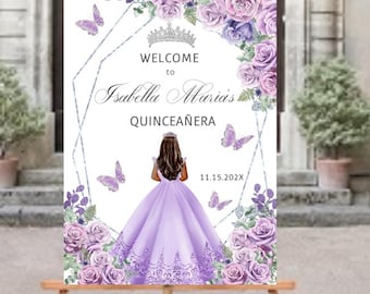 May include: A white welcome sign with a purple floral border and a silver geometric frame. The sign says "Welcome to Isabella Maria's Quinceañera" and includes the date "11.15.202X". A purple dress with silver accents is featured in the center of the sign.