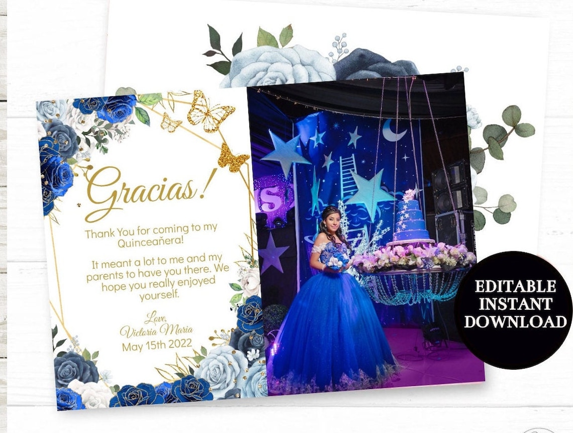 Tarjeta de agradecimiento de Quinceañera con foto Royal Blue - Etsy México