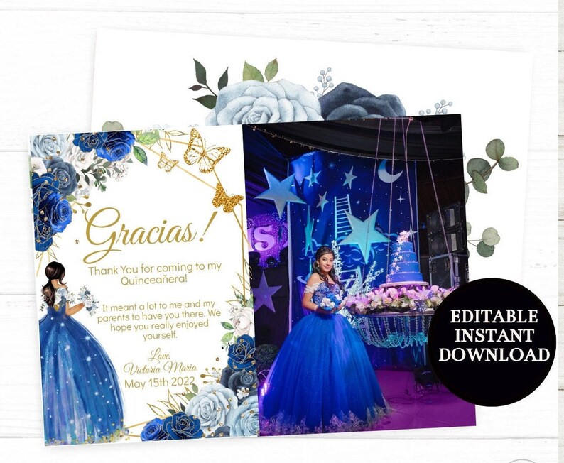 Quinceañera Thank You Card With Picture Royal Blue Rose Etsy