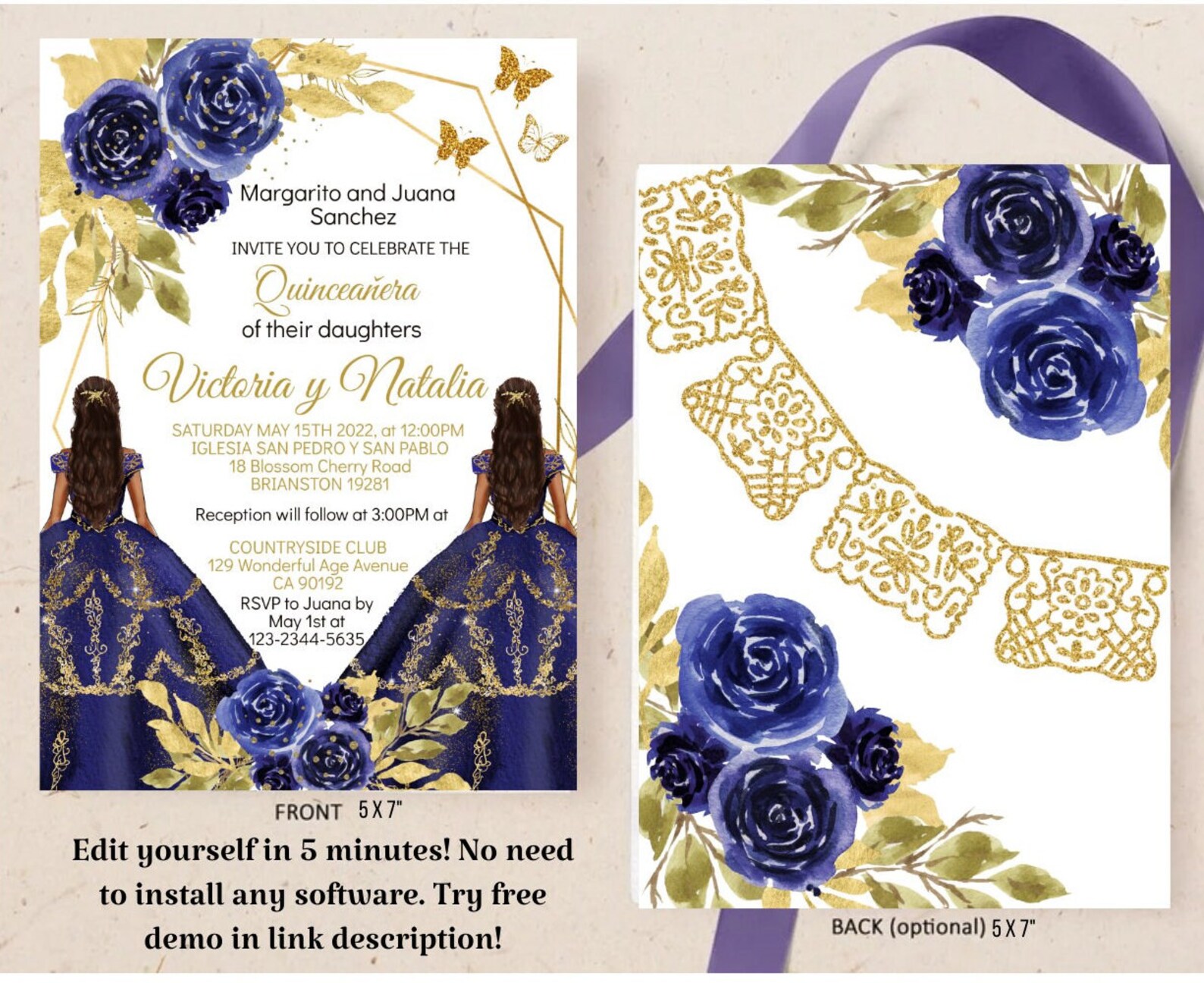 Twins Quinceañera Invitation Charro Navy Blue XV Party Etsy