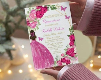 5 Items Fuchsia Pink Floral Quinceañera Invitation, Editable Template Mis XV Quince Años Fiesta, Princess 15th Sweet 16 Printable, Download