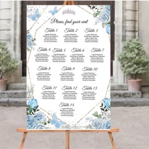 DIY BEWERKBARE zitplaatsen grafiek Quinceañera, tafelplan Sweet Sixteen, Baby blauw zilver bloemen, vind uw stoel teken, afdrukbaar, Instant Download