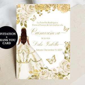 Convite editável Quinceañera DIY, modelo digital Floral Gold Champagne Charro Princess, Butterfly Mis XV, Sweet 16, para impressão, download