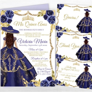 Set Quinceañera Invitation Blue Charro, Editable Template, Navy Blue Gold Floral, Princess Dress, Mis Quince Años    Digital Invite Download